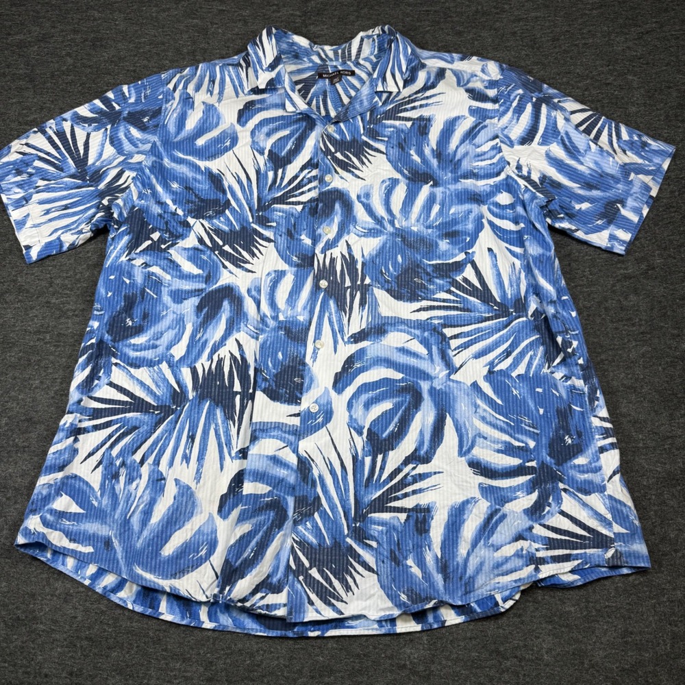 Michael Kors Mens 2XT Blue White Leaf Print Short‎ Sleeve Button Up Shirt